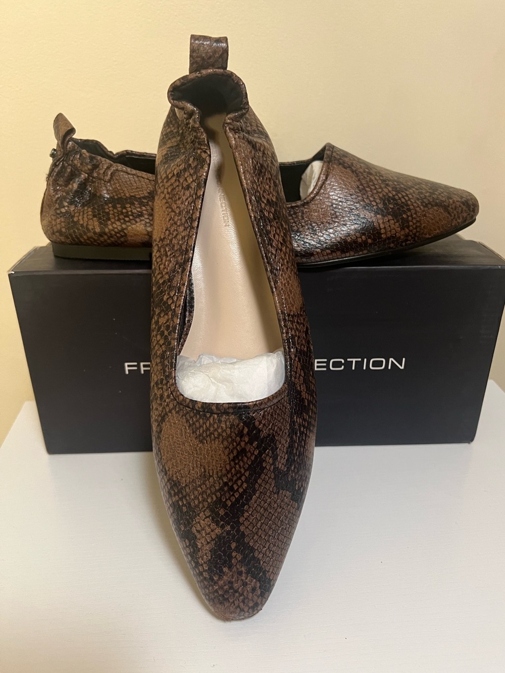 French Connection Brown Snake-Print Pointed Toe Flats size 11